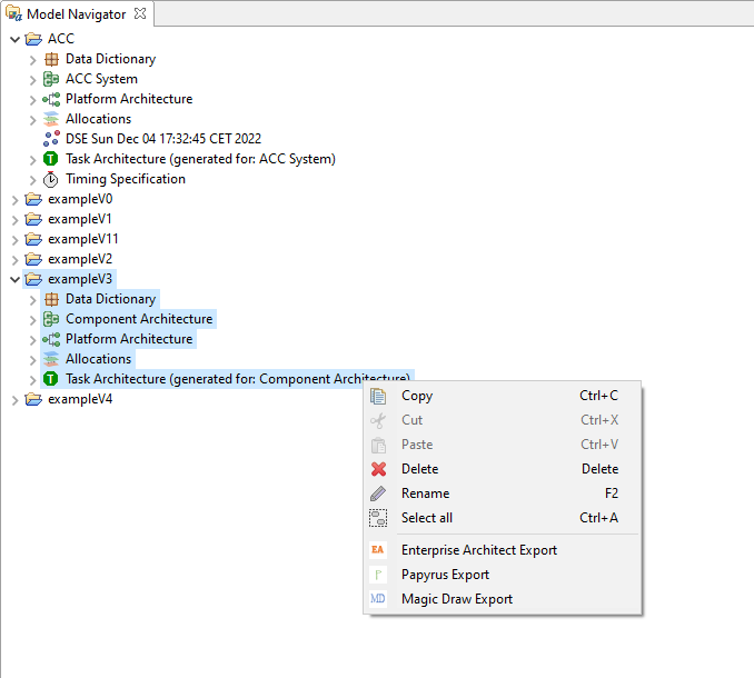 Display of how to export a project in SysML